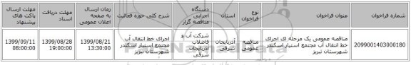 مناقصه عمومی یک مرحله ای اجرای خط انتقال آب مجتمع استیار اسکندر شهرستان تبریز