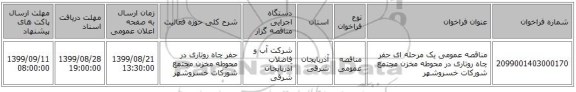 مناقصه عمومی یک مرحله ای حفر چاه روتاری در محوطه مخزن مجتمع شورکات خسروشهر