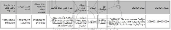 مناقصه عمومی دو مرحله ای مناقصه واگذاری پروژه های تبدیل سیم به کابل خودنگهدار شهرستان لنجان 1829/99