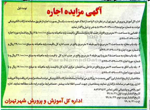 مزایده ,مزایده واگذاری به اجاره 4 واحد از املاک