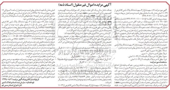 آگهی مزایده مزایده 0.7 سهم مشاع از 6 سهم ششدانگ پلاک ثبتی
