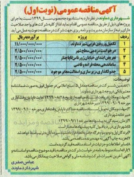 مناقصه، مناقصه تکمیل ورودی غربی شهر دماوند	