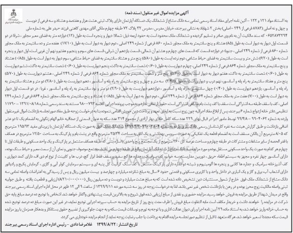 آگهی مزایده مزایده سه دانگ مشاع از ششدانگ آپارتمان