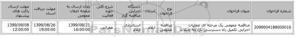مناقصه عمومی یک مرحله ای عملیات اجرایی تکمیل راه دسترسی بازارچه چیلات