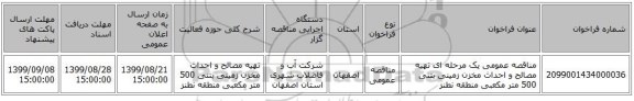 مناقصه عمومی یک مرحله ای تهیه مصالح و احداث مخزن زمینی بتنی 500 متر مکعبی منطقه نطنز 