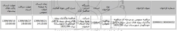 مناقصه عمومی دو مرحله ای مناقصه واگذاری پروژه های تبدیل سیم به کابل خودنگهدار شهرستان تیران 1831/99
