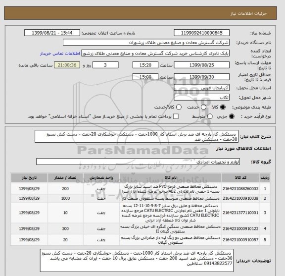 استعلام  دستکش کار پارچه ای ضد برش استاد کار 1000جفت - دستکش جوشکاری 20جفت - دست کش نسوز 30جفت - دستکش ضد 