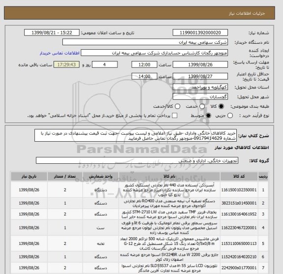 استعلام خرید کالاهای خانگی واداری -طبق نیاز اعلامی و لیست پیوست -جهت ثبت قیمت پیشنهادی در صورت نیاز با شماره 09179414629-منوچهر رگجان تماس حاصل فرمایید 