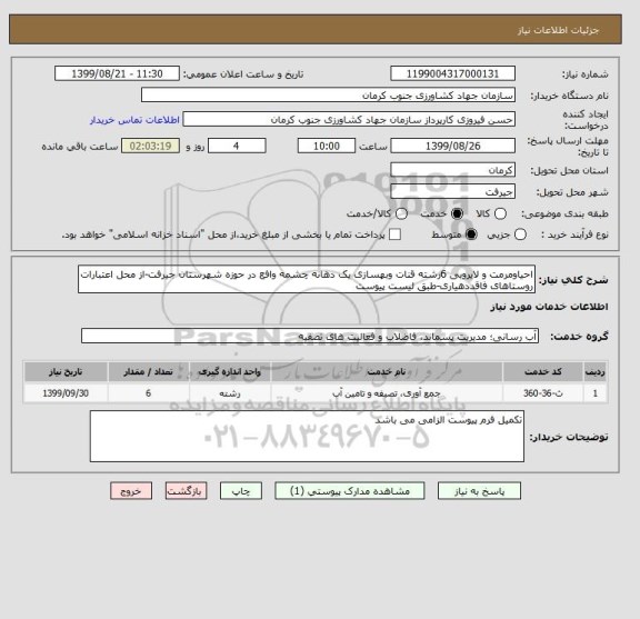استعلام احیاومرمت و لایروبی 6رشته قنات وبهسازی یک دهانه چشمه وافع در حوزه شهرستان جیرفت-از محل اعتبارات روستاهای فاقددهیاری-طبق لیست پیوست 