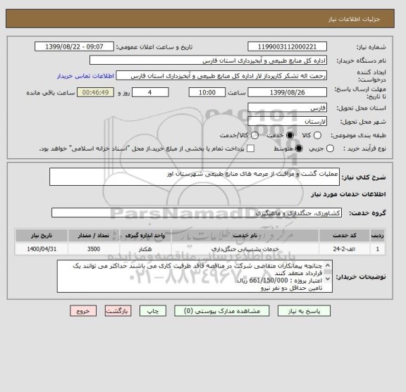استعلام عملیات گشت و مراقبت از عرصه های منابع طبیعی شهرستان اوز