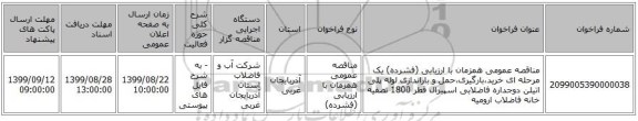 مناقصه عمومی همزمان با ارزیابی (فشرده) یک مرحله ای خرید،بارگیری،حمل و باراندازی لوله پلی اتیلن دوجداره فاضلابی اسپیرال قطر 1800 تصفیه خانه فاضلاب ارومیه
