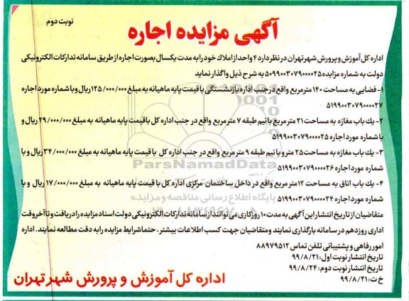 مزایده ,مزایده واگذاری به اجاره 4 واحد از املاک