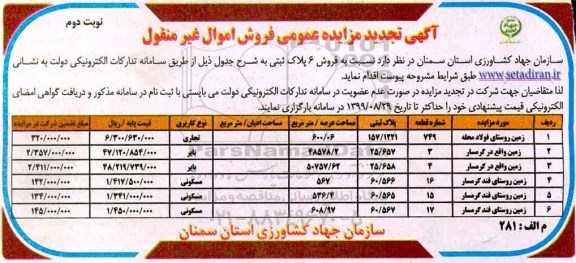 آگهی مزایده مزایده فروش 6 پلاک ثبتی کاربری مسکونی و تجاری نوبت دوم