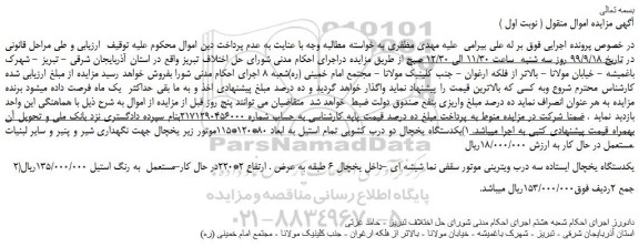 مزایده،مزایده فروش یکدستگاه یخچال دو درب کشویی تمام استیل به ابعاد 80*120*115 و...