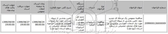 مناقصه عمومی یک مرحله ای تجدید دوم- تامین بخشی از نیروی انسانی مورد نیاز خدمات آموزشی و تدریس در دوره های مختلف تحصیلی در سطح استان (نوع اول) 