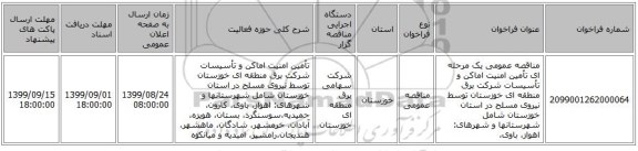مناقصه عمومی یک مرحله ای تأمین امنیت اماکن و تأسیسات شرکت برق منطقه ای خوزستان توسط نیروی مسلح در استان خوزستان شامل شهرستانها و شهرهای: اهواز، باوی، 