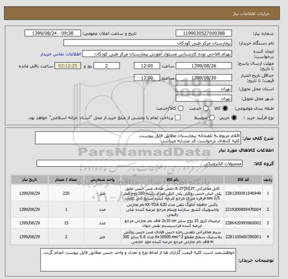 استعلام اقلام مربوط به تلفنخانه بیمارستان مطابق فایل پیوست.
کلیه کدهای درخواست کد مشابه میباشد.