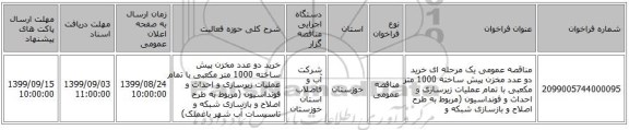 مناقصه عمومی یک مرحله ای خرید دو عدد  مخزن پیش ساخته  1000 متر مکعبی  با تمام عملیات زیرسازی و احداث و فونداسیون (مربوط به طرح اصلاح و بازسازی شبکه و 