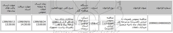 مناقصه عمومی همزمان با ارزیابی (فشرده) دو مرحله ای خط انتقال چاه ناحیه صنعتی صیدآباد دامغان  