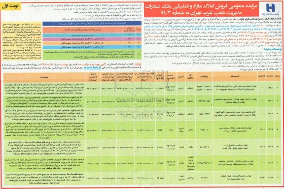 مزایده،مزایده فروش تعدادی از املاک مازاد و تملیکی نوبت اول