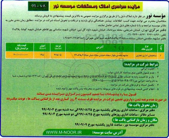 مزایده،مزایده فروش املاک و مستغلات عرصه 475.05 مترمربع 