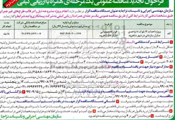 فراخوان مناقصه , فراخوان مناقصه پروژه احداث 14 بلوک 18 واحدی منازل سازمانی -  نوبت دوم