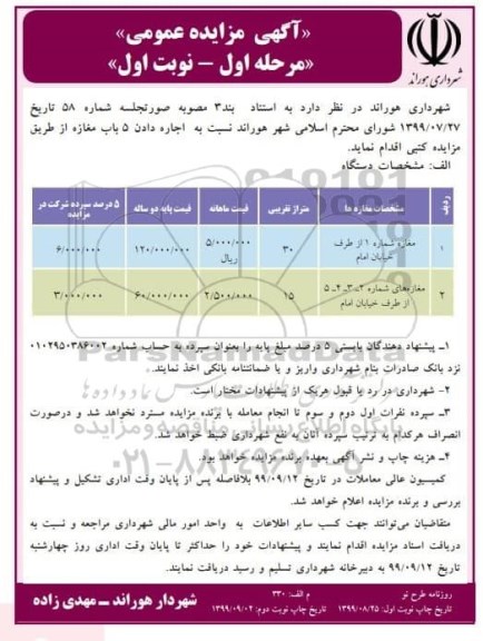 مزایده اجاره دادن 5 باب مغازه 
