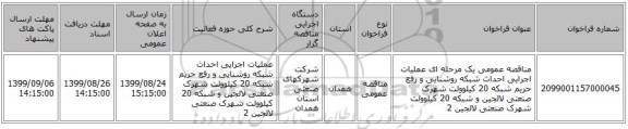 مناقصه عمومی یک مرحله ای عملیات اجرایی احداث شبکه  روشنایی  و رفع حریم شبکه 20 کیلوولت شهرک صنعتی لالجین و شبکه 20 کیلوولت شهرک صنعتی لالجین 2 