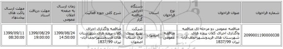 مناقصه عمومی دو مرحله ای مناقصه واگذاری اجرای کلان پروژه های شهرستان های فریدونشهر-نجف آباد-تیران 1837/99