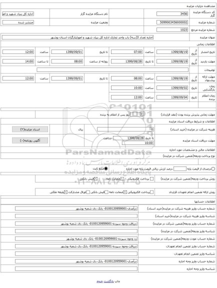 اجاره تعداد 3(سه) باب واحد تجاری اداره کل بنیاد شهید و امورایثارگران استان بوشهر