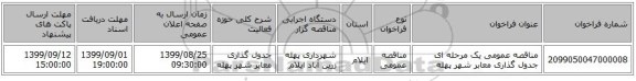 مناقصه عمومی یک مرحله ای جدول گذاری معابر شهر پهله