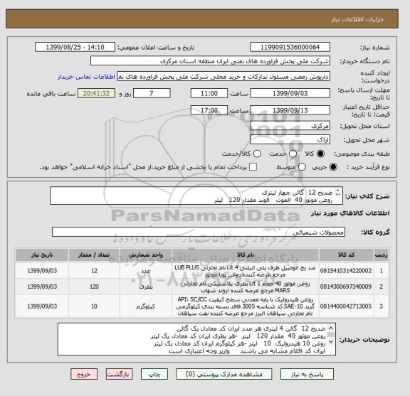 استعلام ضدیخ 12  گالن چهار لیتری     
روغن موتور 40  الموت   الوند مقدار 120   لیتر     
روغن 10 هیدرولیک  10   لیتر        

