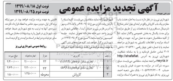 تجدید مزایده، مزایده واگذاری هشت باب مغازه و یک باب کارواش - نوبت دوم