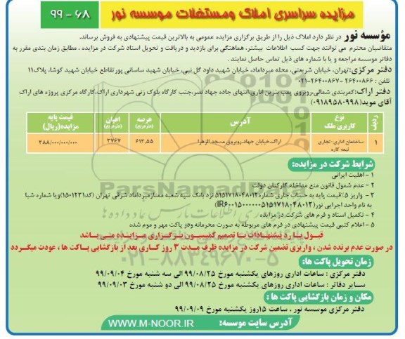 مزایده،مزایده فروش املاک و مستغلات کاربری ساختمان اداری و تجاری