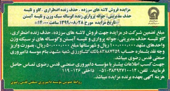 آگهی مزایده , مزایده فروش لاشه های سرزده