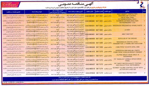 مناقصه، مناقصه SEAT GASKET / PARTS FOR/ و...نوبت دوم