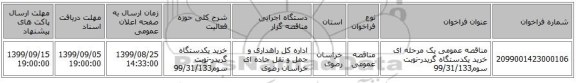 مناقصه عمومی یک مرحله ای خرید یکدستگاه گریدر-نوبت سوم99/31/133