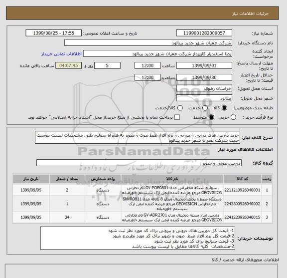 استعلام خرید دوربین های درونی و بیرونی و نرم افزار ظبط صوت و تصویر به همراه سوئیچ طبق مشخصات لیست پیوست جهت شرکت عمران شهر جدید یبنالود