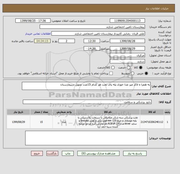 استعلام به همرا ه لاکر میز غذا خوری پله پای تخت هر کدام 15عدد تحویل دربیمارستان 