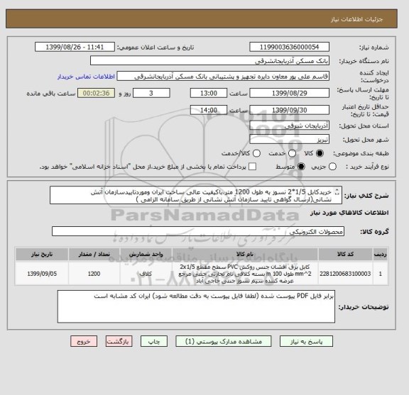 استعلام خریدکابل 1/5*2 نسوز به طول 1200 متر،باکیفیت عالی ساخت ایران وموردتاییدسازمان آتش نشانی(ارسال گواهی تایید سازمان آتش نشانی از طریق سامانه الزامی ) 
