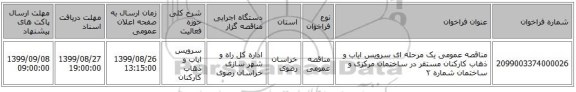 مناقصه عمومی یک مرحله ای سرویس ایاب و ذهاب کارکنان مستقر در ساختمان مرکزی و ساختمان شماره ۲