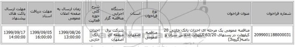 مناقصه عمومی یک مرحله ای احداث بانک خازنی 20 کیلوولت در پستهای 63/20 کیلوولت اجلاس سران و دامنه(گروه3)