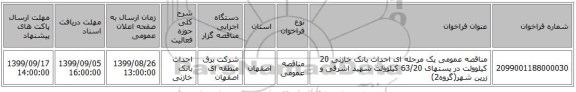 مناقصه عمومی یک مرحله ای احداث بانک خازنی 20 کیلوولت در پستهای 63/20 کیلوولت شهید اشرفی و زرین شهر(گروه2)