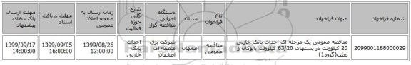 مناقصه عمومی یک مرحله ای احداث بانک خازنی 20 کیلوولت در پستهای 63/20 کیلوولت بابوکان و بعثت(گروه1)