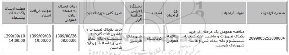 مناقصه عمومی یک مرحله ای خرید یکجای تجهیزات و ماشین آلات کارخانه شستشو و دانه بندی شن و ماسه شهرداری هرسین