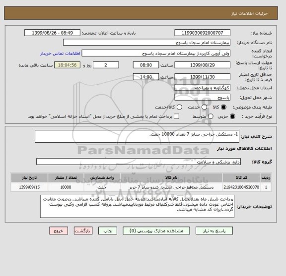 استعلام 1- دستکش جراحی سایز 7 تعداد 10000 جفت.