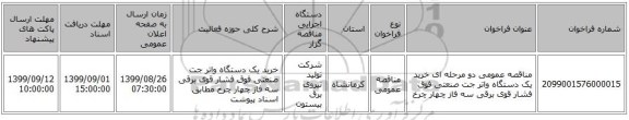 مناقصه عمومی دو مرحله ای خرید یک دستگاه واتر جت صنعتی فوق فشار قوی برقی سه فاز چهار چرخ