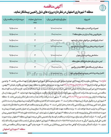 مناقصه, مناقصه تعمیرات پراکنده در سطح منطقه 4 و ...