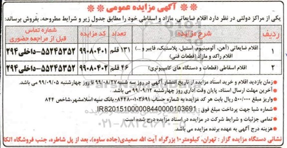 مزایده،مزایده فروش اقلام ضایعاتی، مازاد و اسقاطی