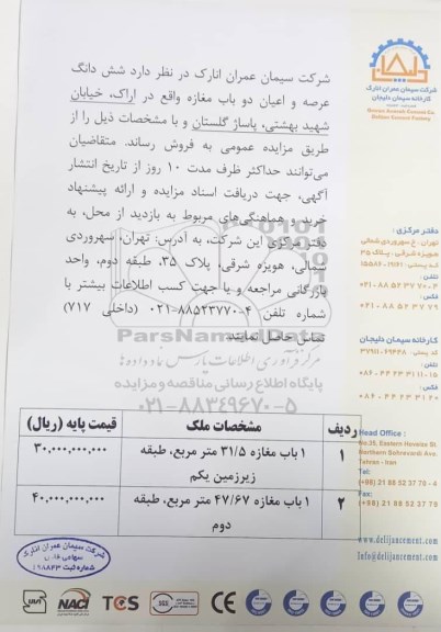 مزایده , مزایده فروش شش دانگ عرصه و اعیان دو باب مغازه